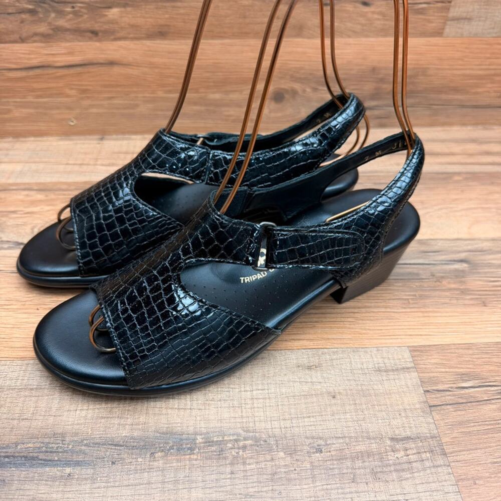 SAS Tripad Comfort Womens Size 7 M Black Croc Patent Leather Slingback Sandals